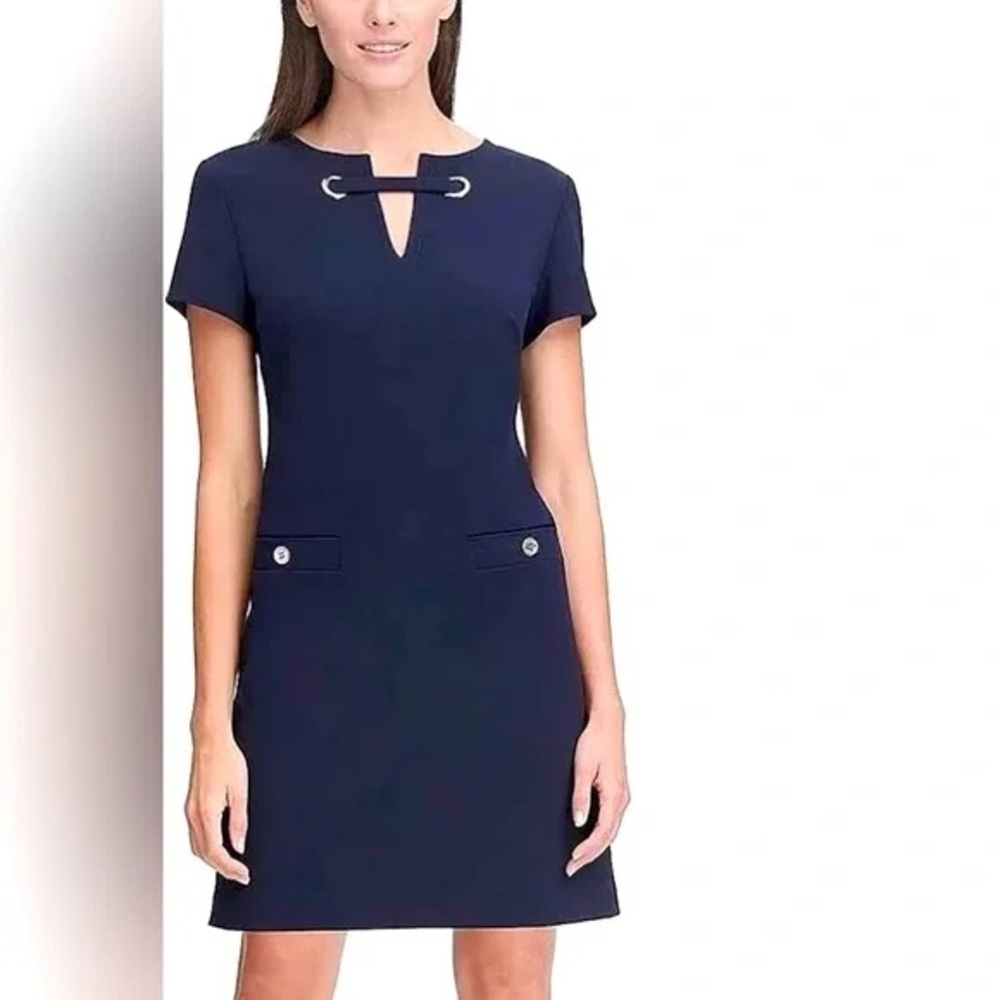 Tommy Hilfiger Navy‎ Blue Scuba Crepe Grommet Detail Pocket Dress Size 14